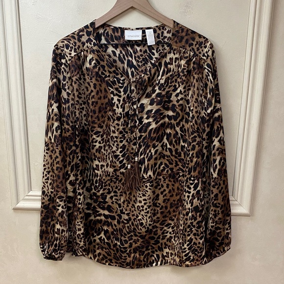 Chico's Tops - Chicos Blouse Top Womens XL/16 Animal Print Tassel Tie Front Long Sleeve